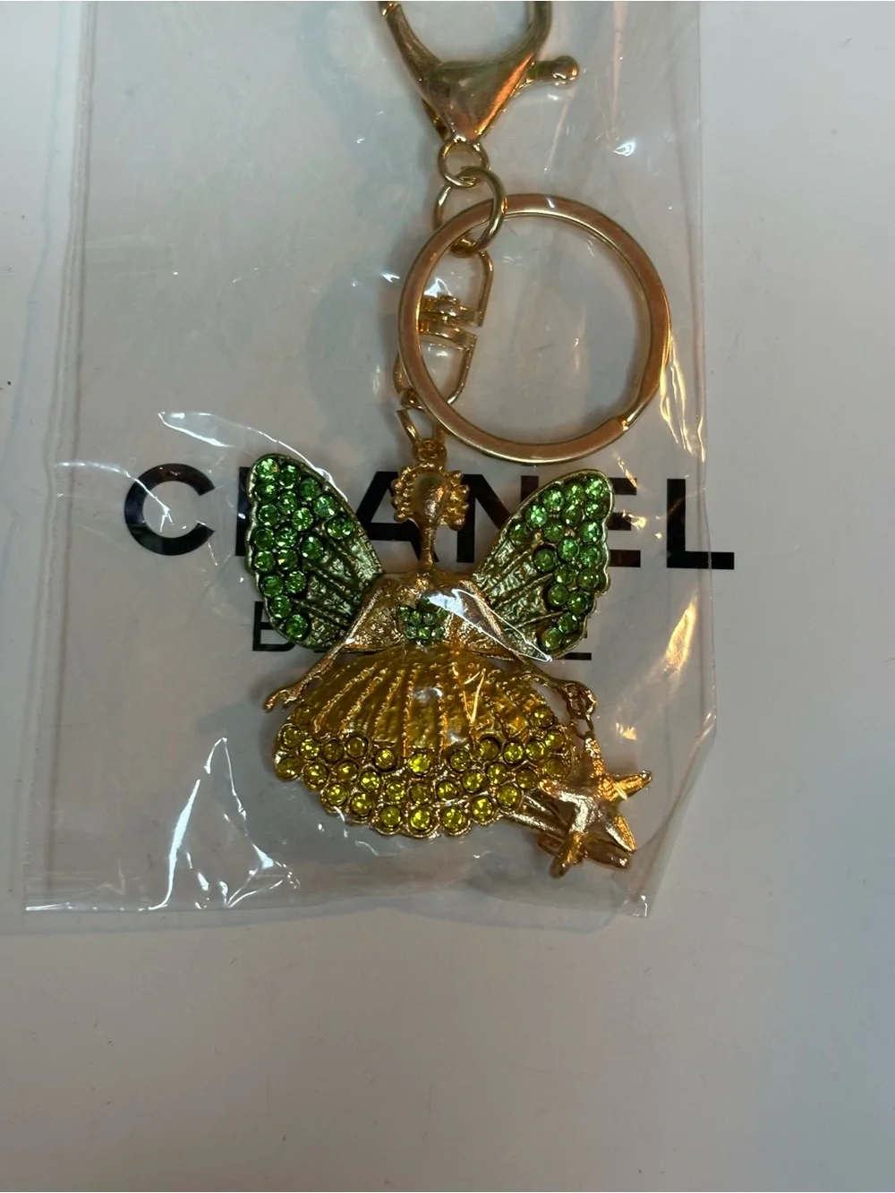 Fashion Jewelry Gold-Tone Fairy 🧚 Bag Charm-keychain with Green and Yellow